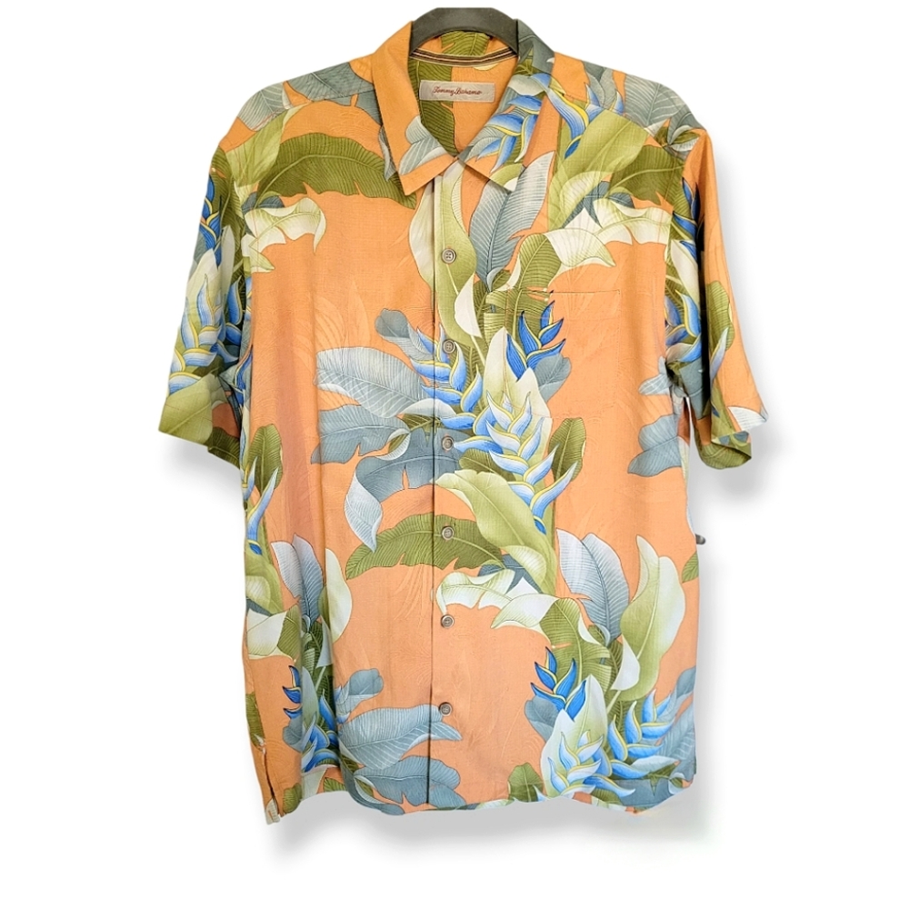 Men's Tommy Bahama Orange Blue Silk Short Sleeve Button Down Shirt MDM